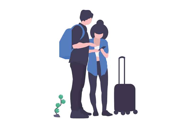 an illustration of two travelers using a mobile phone app