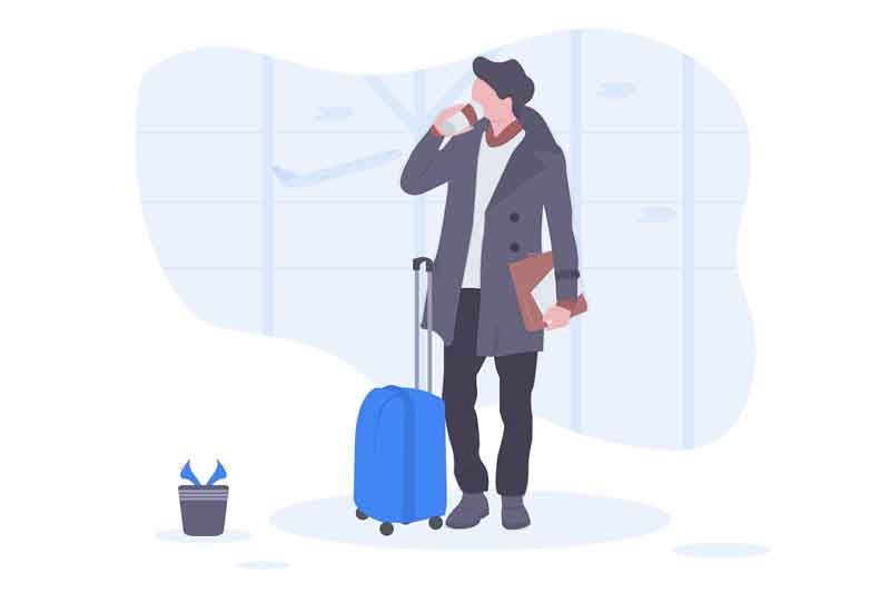an illustration of a man waiting for an airport transportation shuttle